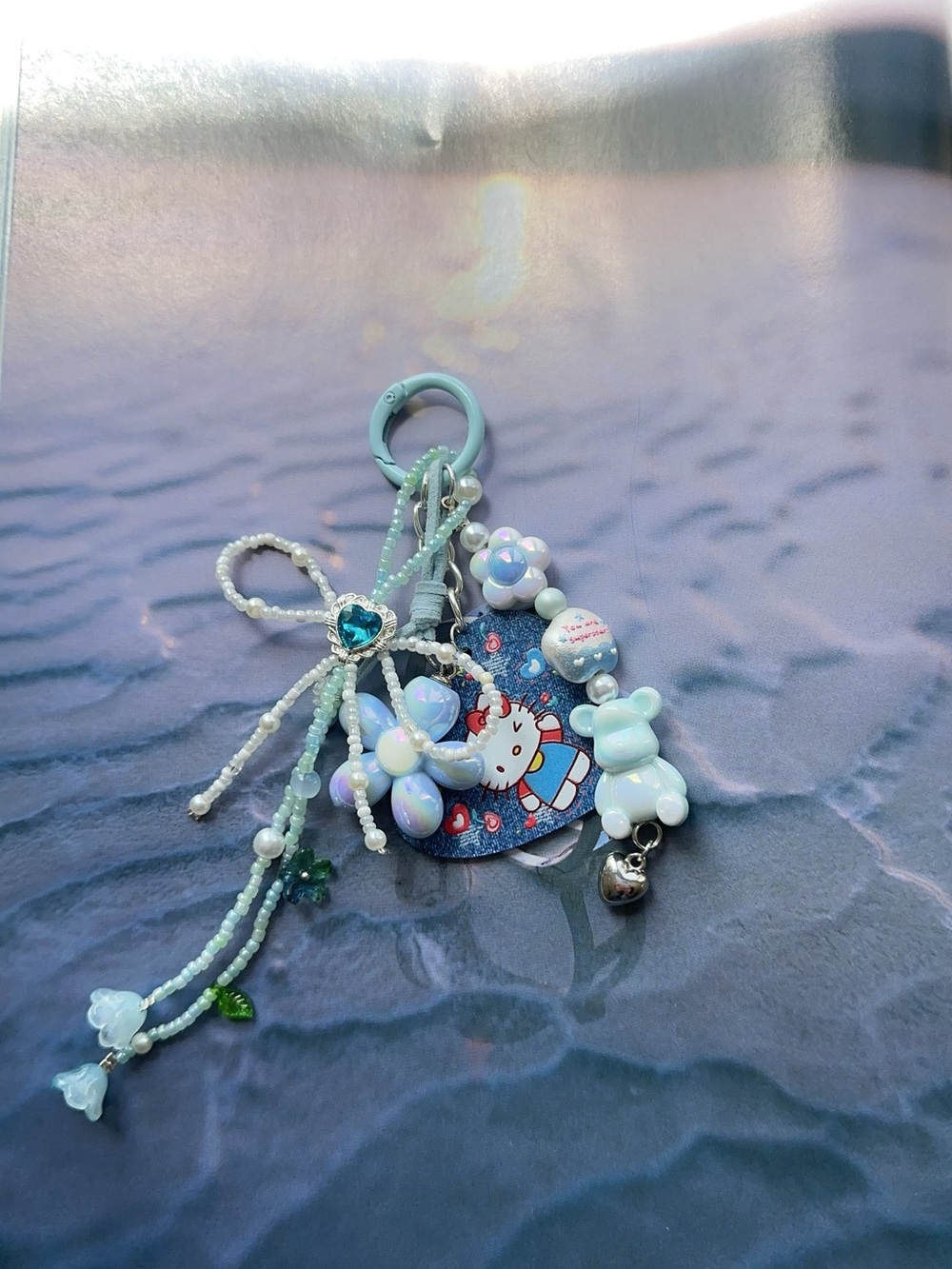 Pastel Blue hello kitty Keychain Charm with Cute bear